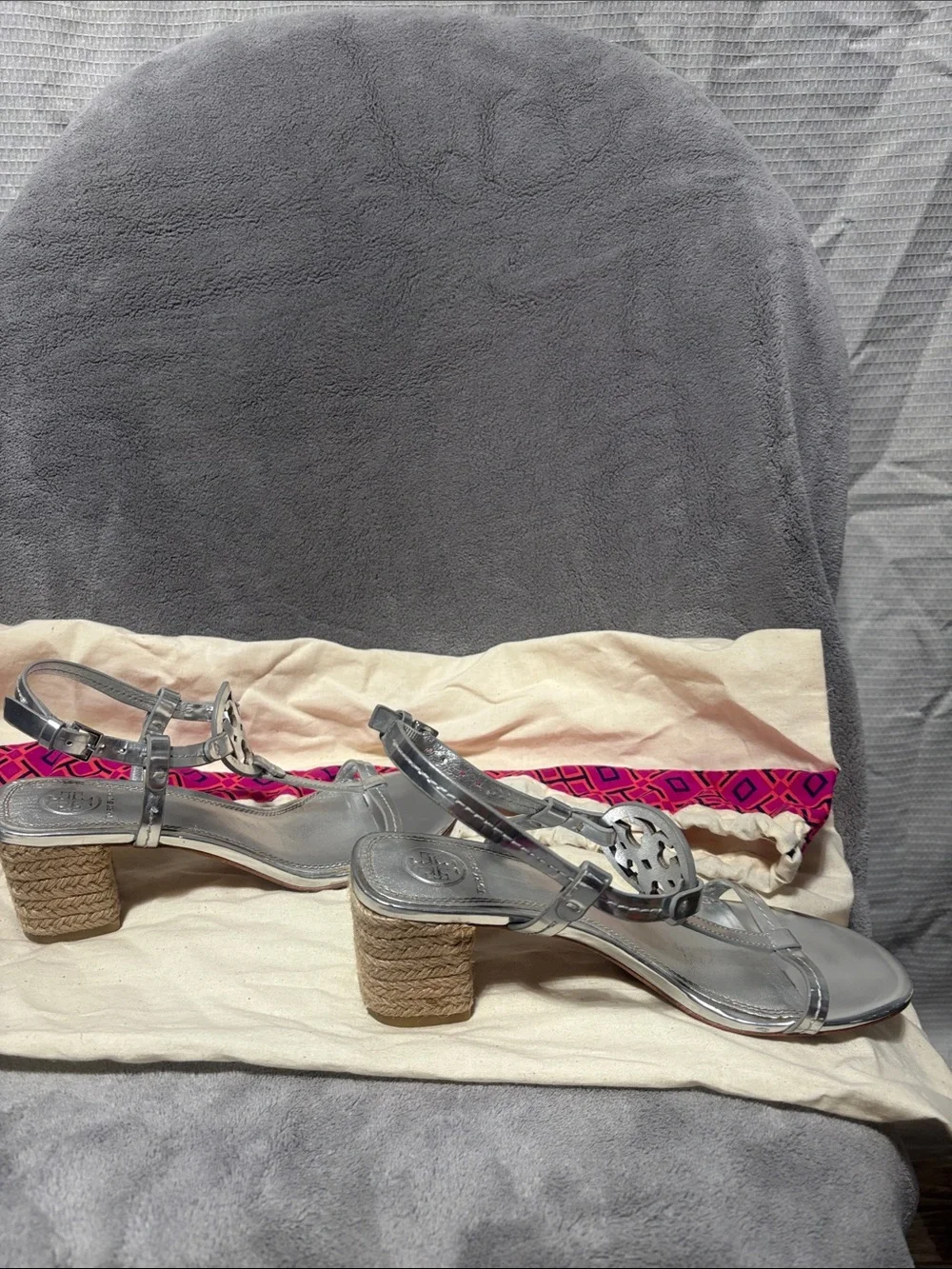 Tory Burch Metallic Silver T-Strap Logo Sandals